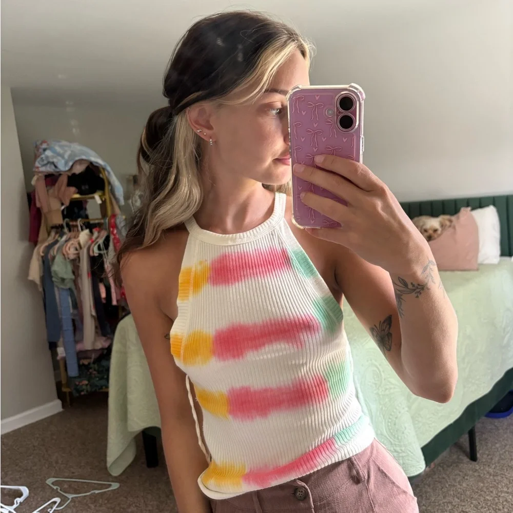 Free People Colorful Tie-Dye Ribbed Halter Top